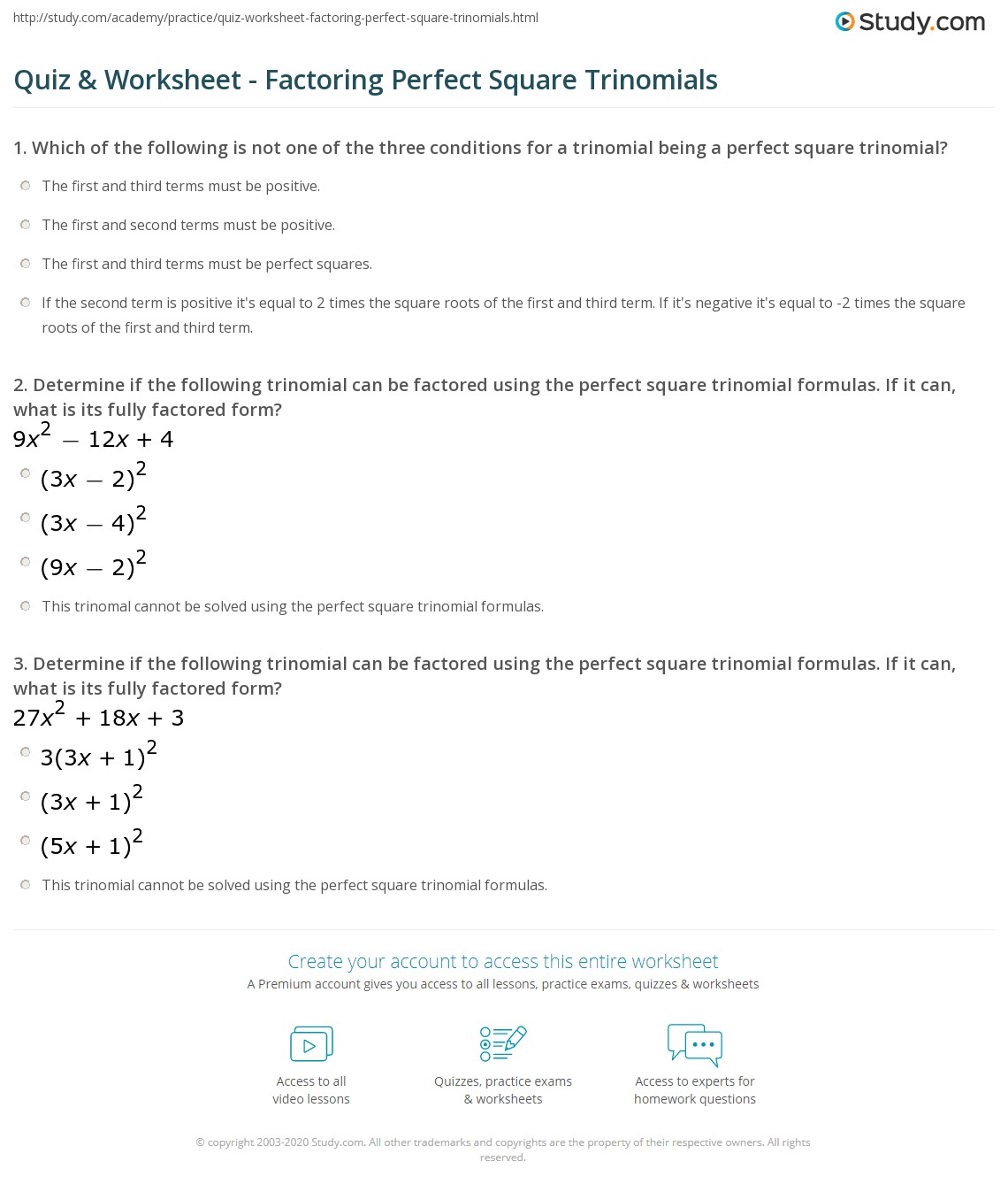 Quiz &  Worksheet - Factoring Perfect Square Trinomials | Study.com