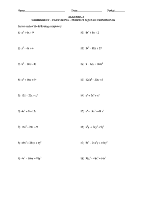 Factoring Perfect Square Trinomials Worksheet - Fill and Sign ...