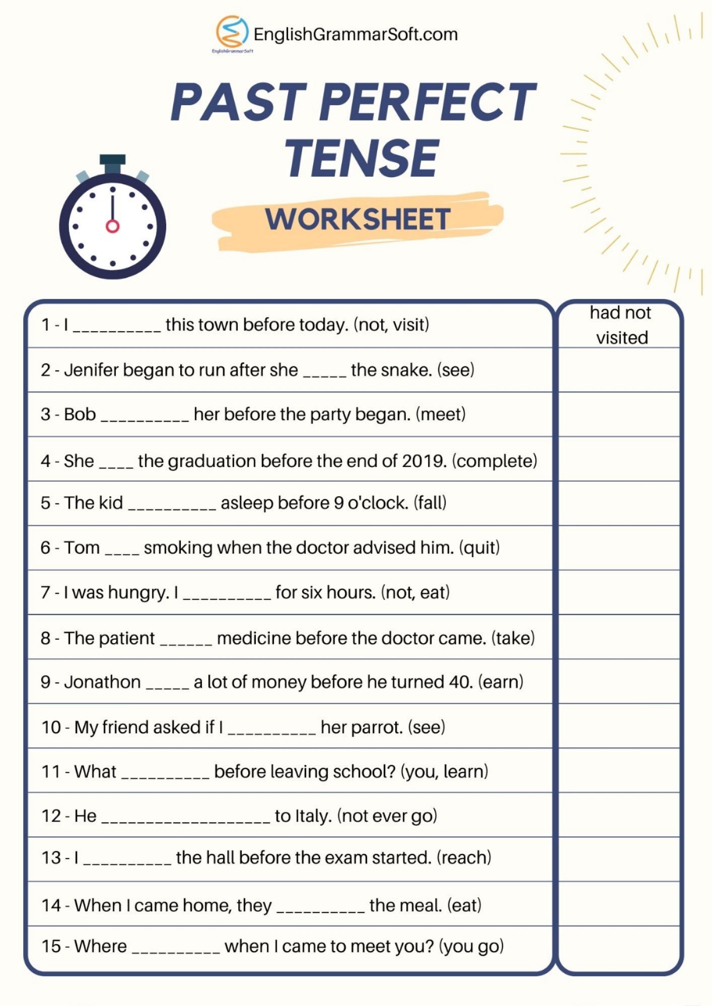 Past Perfect Tense Worksheets with Answers