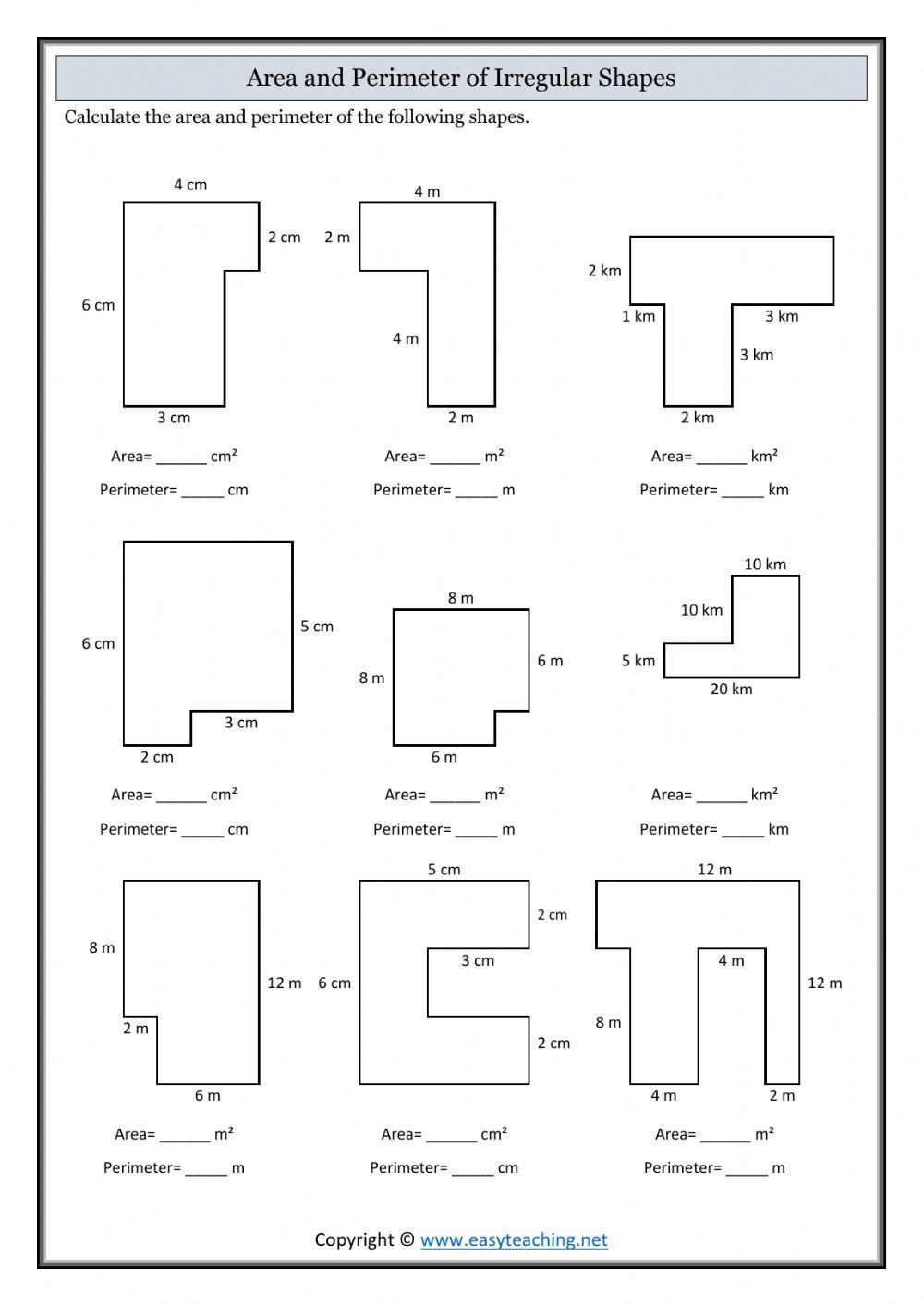 perimeter and area of irregular shapes worksheet