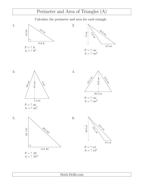 Calculating the Perimeter and Area of Triangles (A)