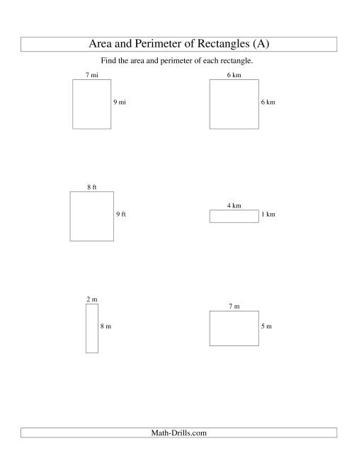 Area and Perimeter of Rectangles (whole numbers; range 1-9) (A)
