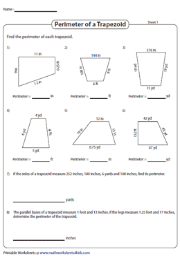 Perimeter of a Trapezoid Worksheets