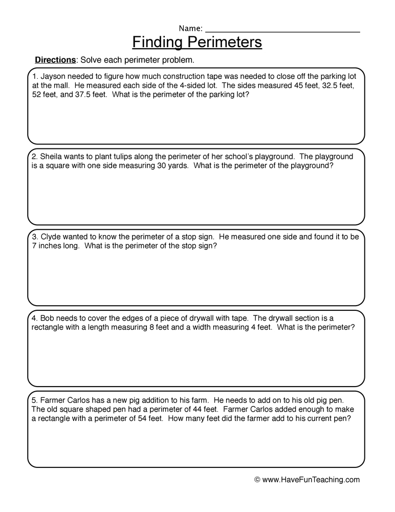Finding Perimeters Word Problems Worksheet  