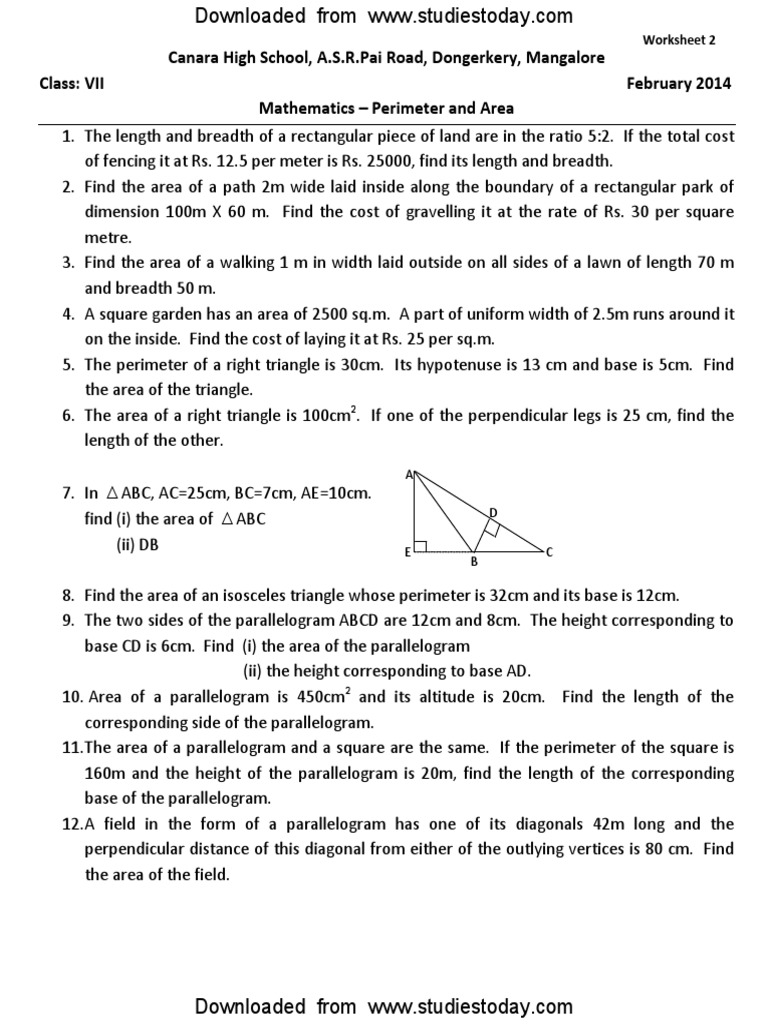CBSE Class 7 Maths Worksheet - Perimeter and Area | PDF | Area ...