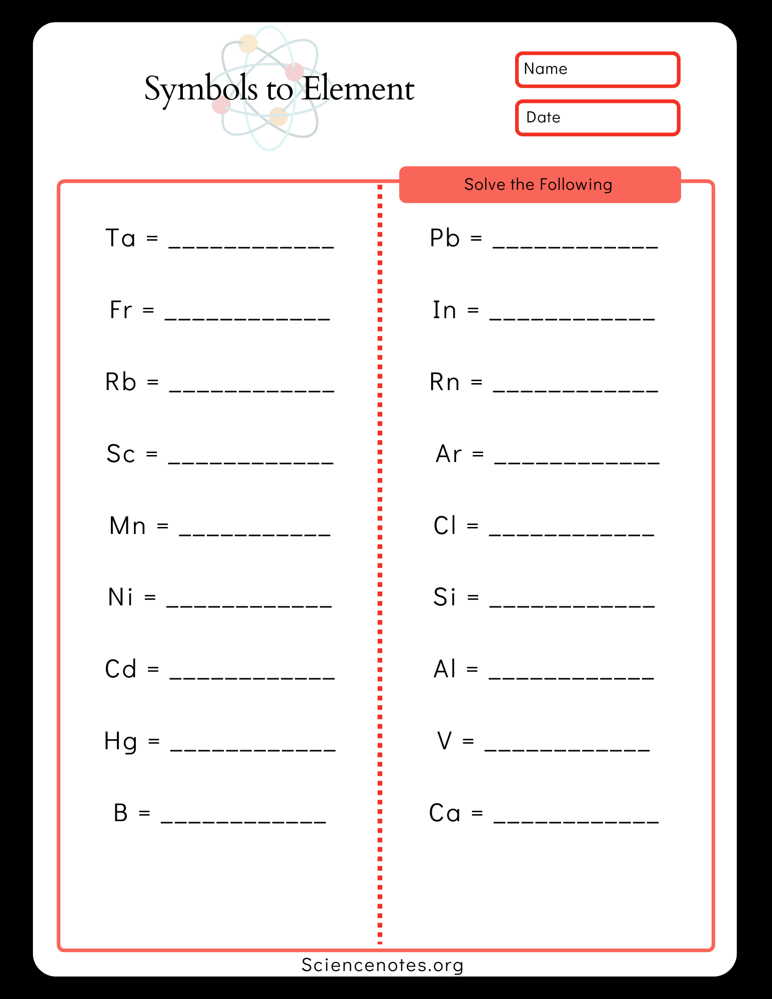 periodic table element worksheet