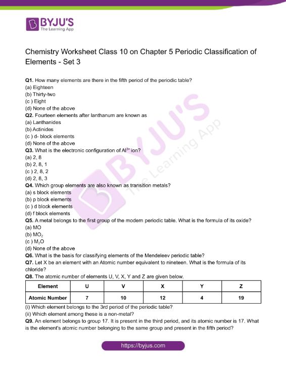 Class 10 Chemistry Worksheet on Chapter 5 Periodic Classification ...