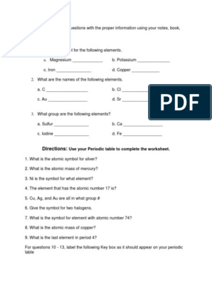 Directions:: Use Your Periodic Table To Complete The Worksheet | PDF