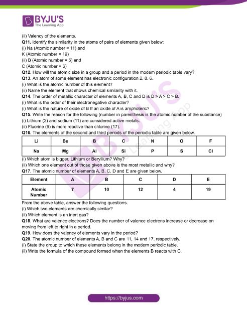Class 10 Chemistry Worksheet on Chapter 5 Periodic Classification ...