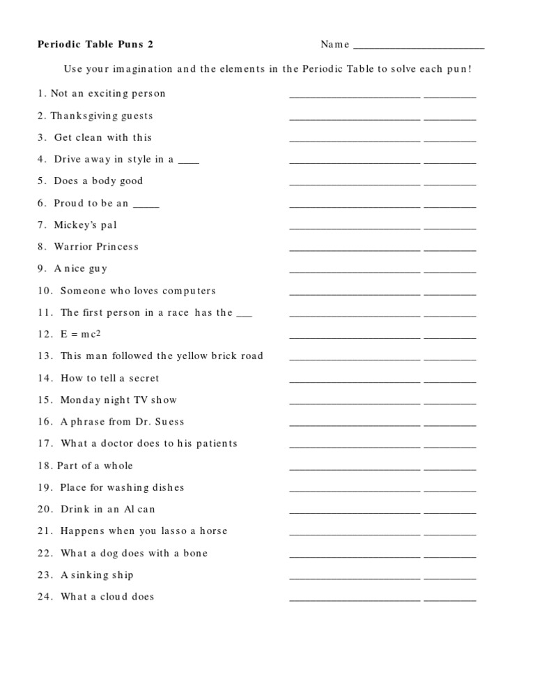 periodic table puns worksheet answers