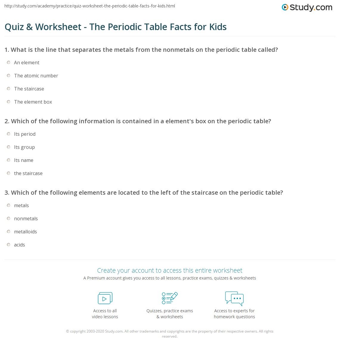 periodic table quiz worksheet