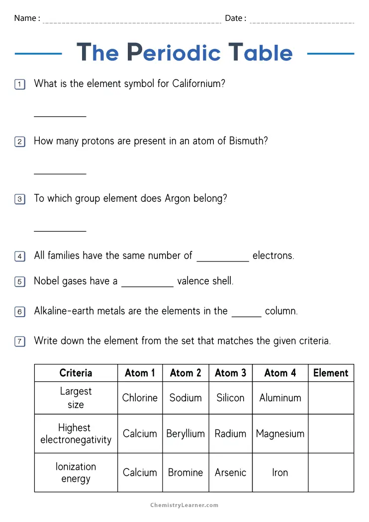 Free Printable Periodic Table Worksheets