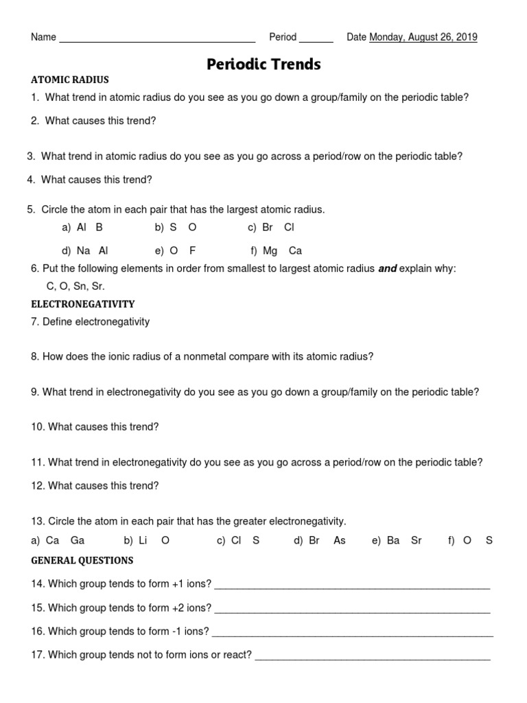 Periodic Trends Worksheet | PDF | Chemical Elements | Ion