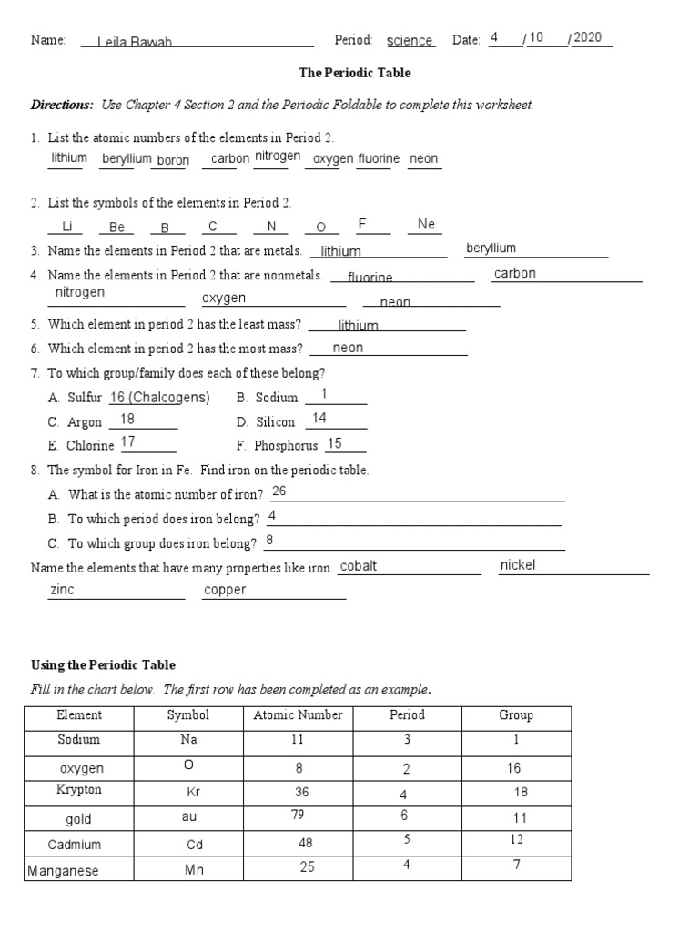 Directions: Use Chapter 4 Section 2 and The Periodic Foldable To ...