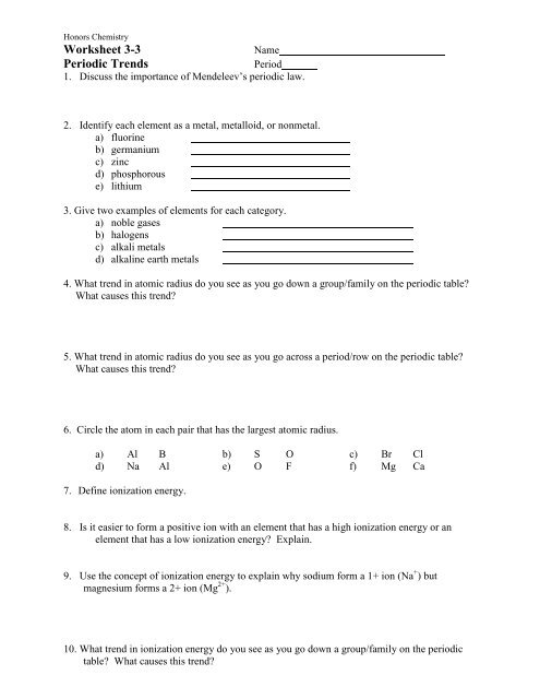 Worksheet 3-3 Periodic Trends - Ms. Heiningers Science Page