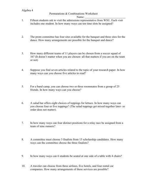 Algebra 4 Permutations &   Combinations Worksheet Name: 1 ...