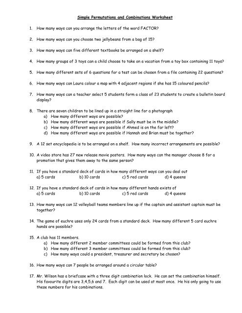 permutations and combinations worksheet with answers