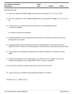 Worksheet: Permutations - Solve Counting Problems | Algebra Printable