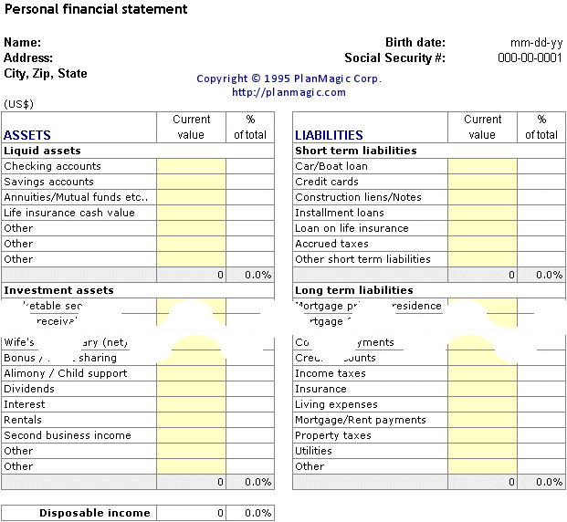 personal financial worksheet