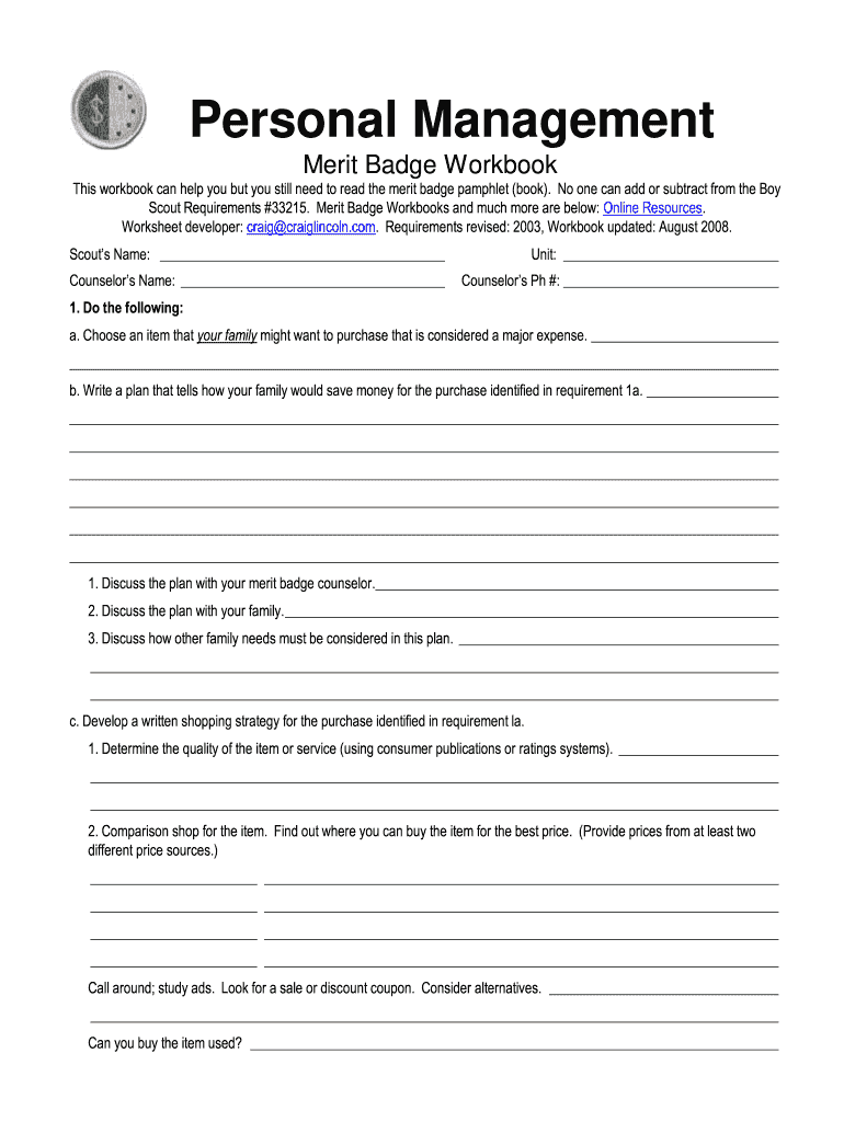 Personal management merit badge workbook: Fill out &  sign online ...