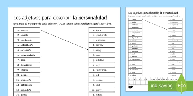 Adjectives for Personality Description Matching Worksheet ...
