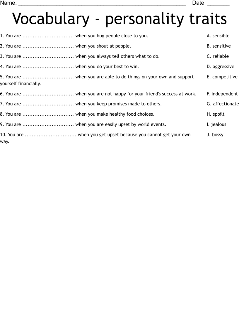 Vocabulary - personality traits Worksheet - WordMint