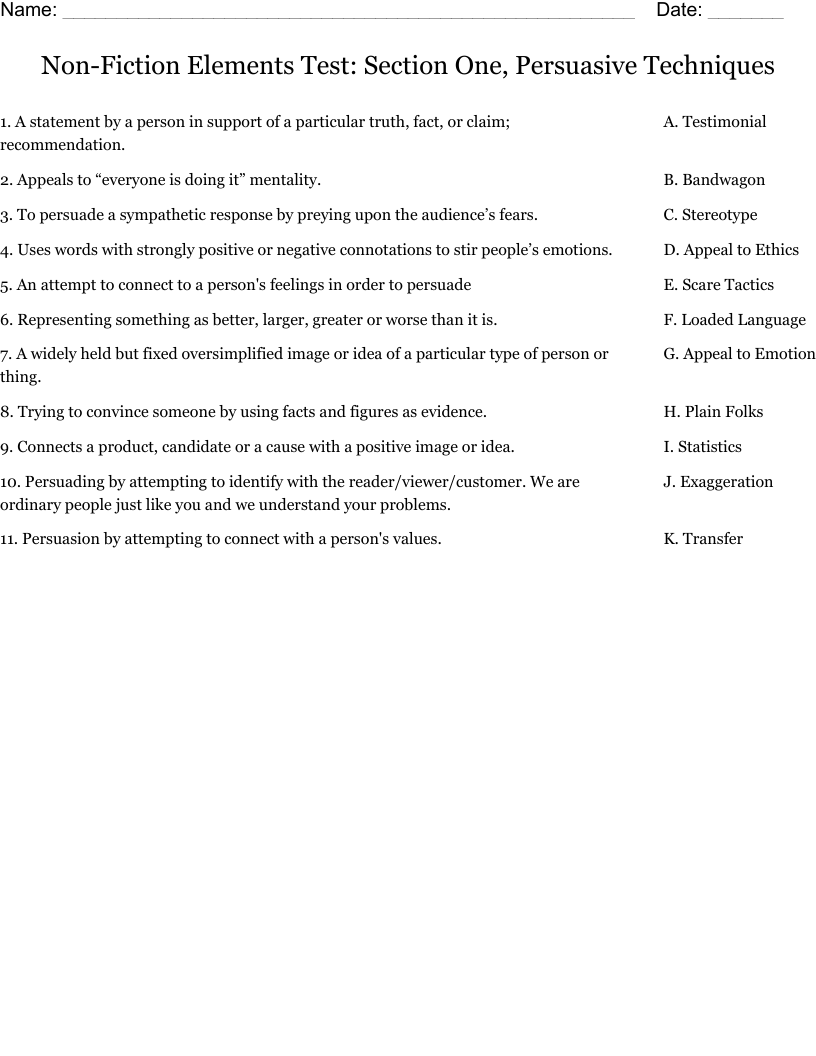 Non-Fiction Elements Test: Section One, Persuasive Techniques ...