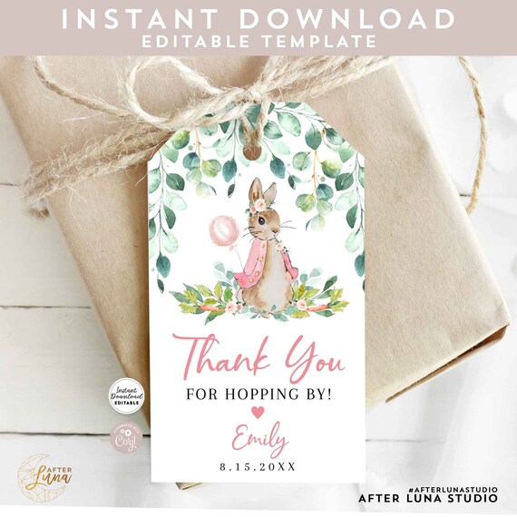 Editable Greenery Peter Rabbit Boy Birthday Thank You Favor Gift ...