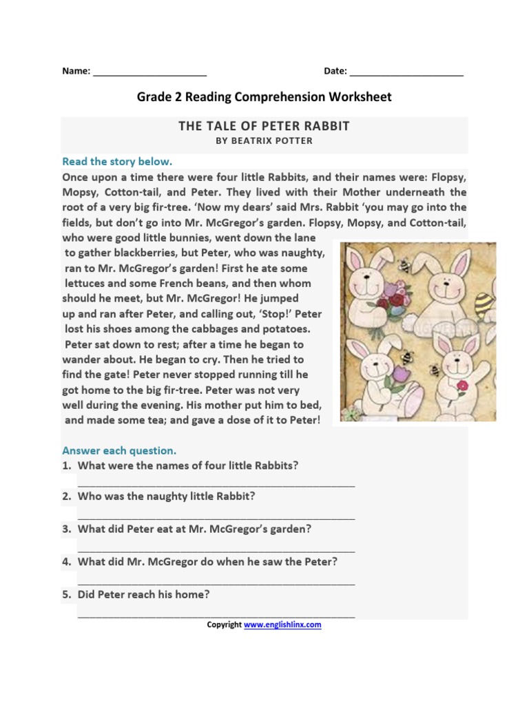 Grade 2 Reading Comprehension Worksheet: The Tale of Peter Rabbit ...