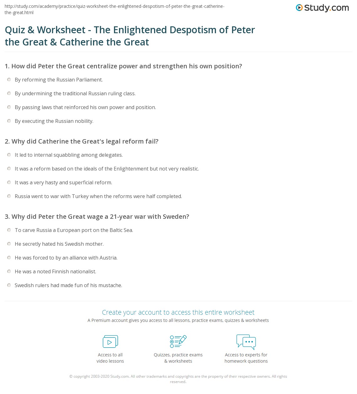 Quiz &  Worksheet - The Enlightened Despotism of Peter the Great ...