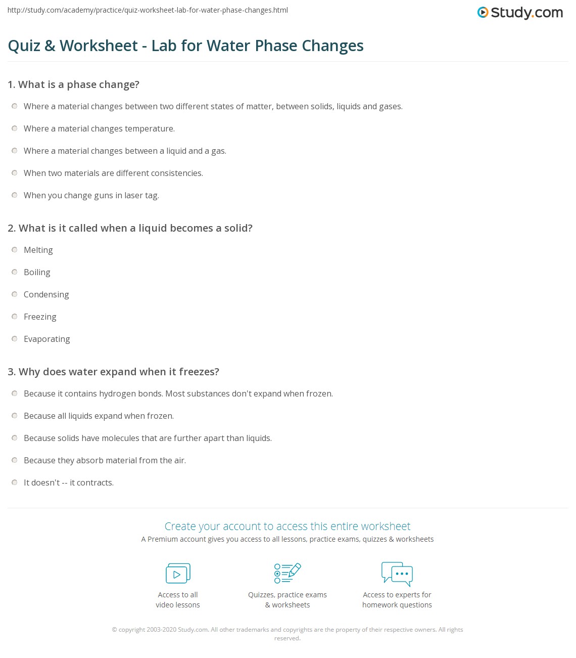 phase change of water worksheet