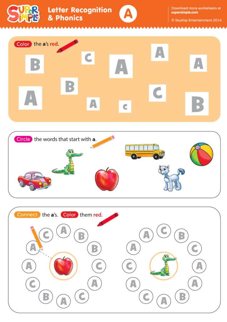 Letter Recognition &  Phonics Worksheet - A (Uppercase) - Super Simple