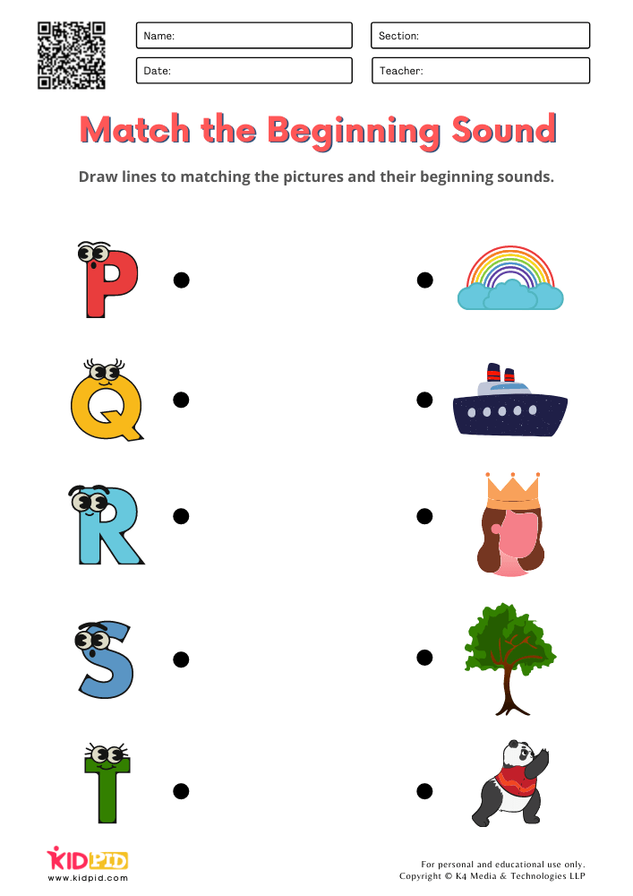 Match the Beginning Sound Phonics Worksheets for Kindergarten ...