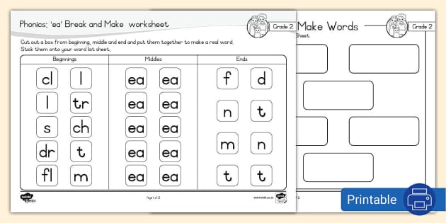 Grade 2 Phonics: Break and Make worksheet − ea - Twinkl