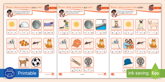 Grade 1 Phonics Worksheets: Beginning, Middle, and End Sounds