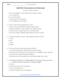 photosynthesis worksheet answers