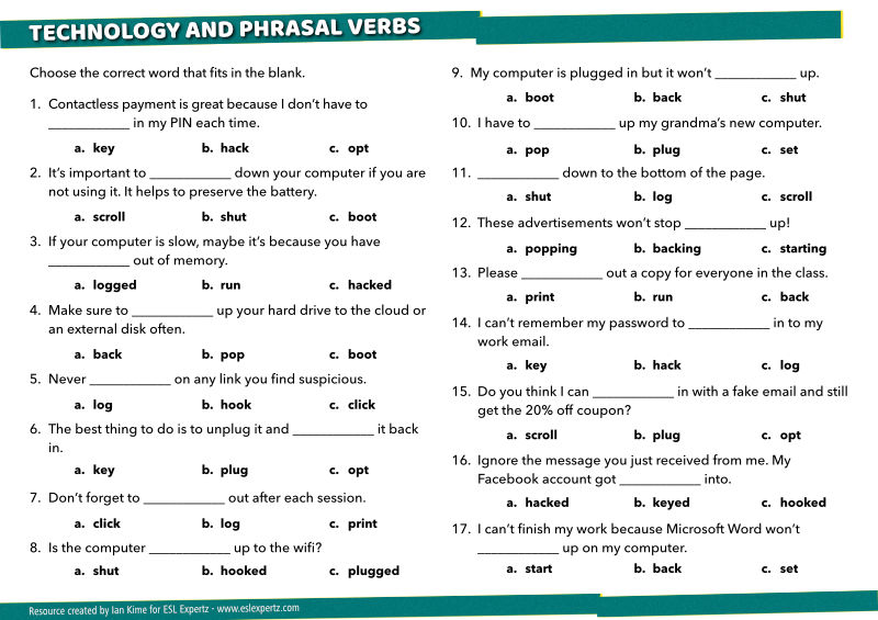 Phrasal Verbs and Technology Worksheet - ESL Expertz