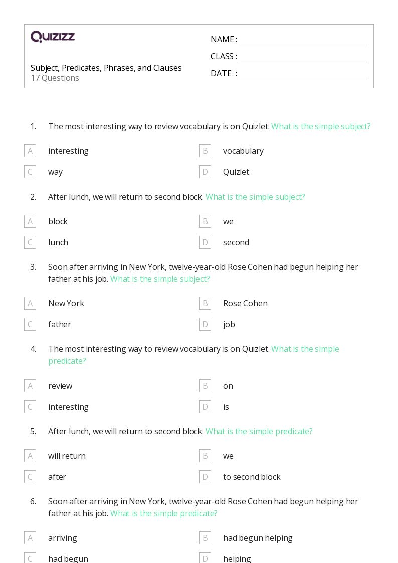 50+ Phrases and Clauses worksheets on Quizizz | Free &  Printable