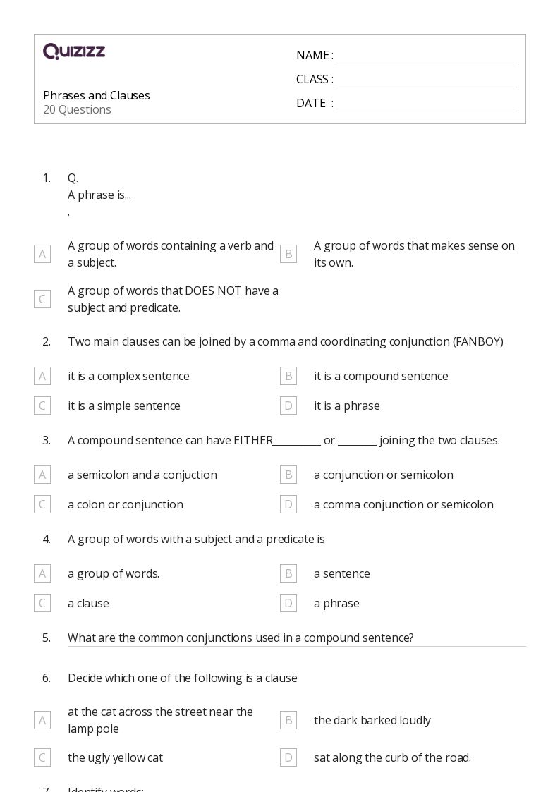 50+ Phrases and Clauses worksheets on Quizizz | Free &  Printable