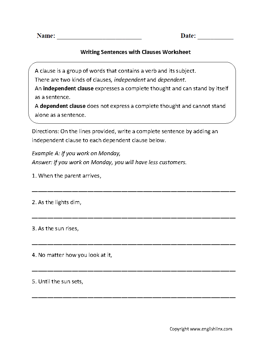 Clauses Worksheets | Writing Sentences with Clauses Worksheet
