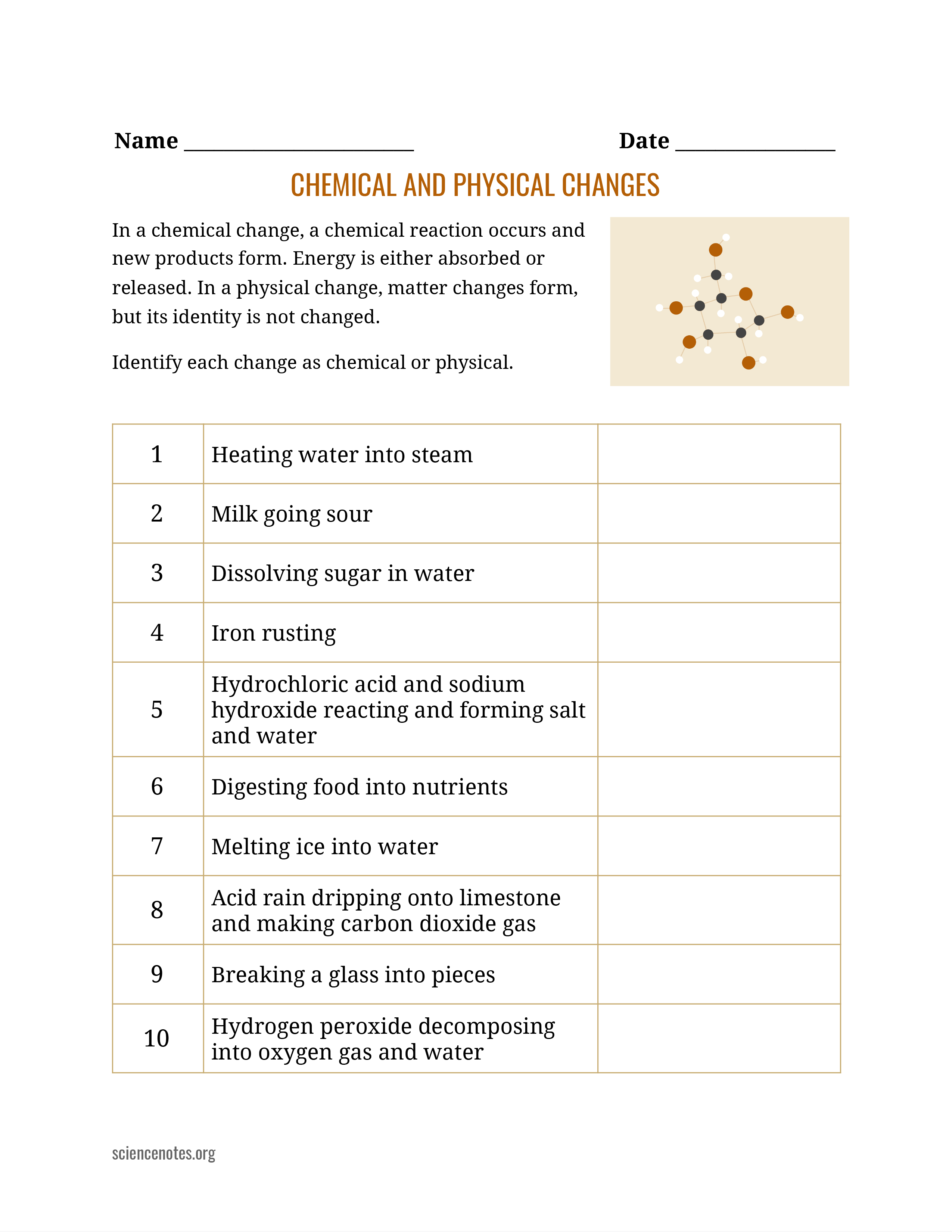 physical and chemical change worksheet answers