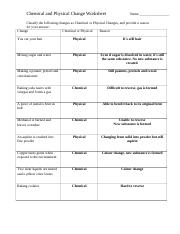 physical and chemical changes worksheet answers
