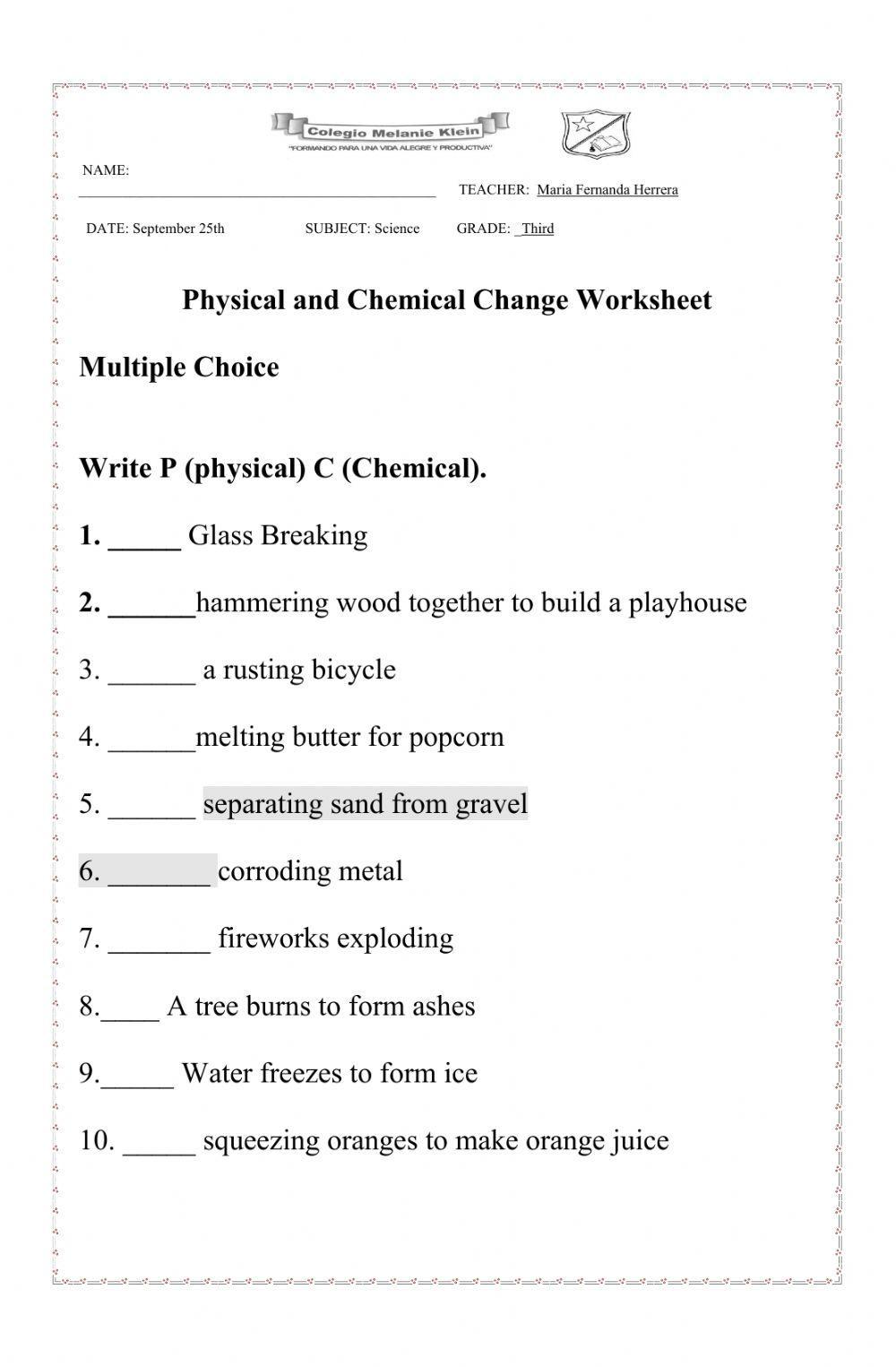 physical and chemical changes worksheet answers