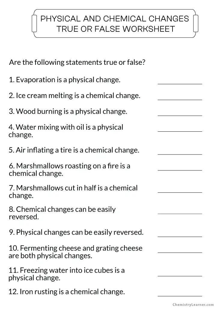 physical and chemical changes worksheet answers