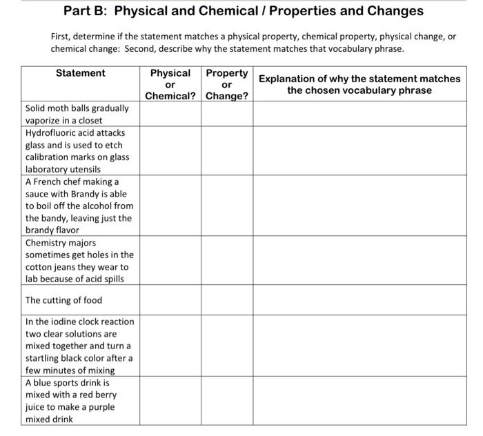 physical and chemical changes worksheet answers