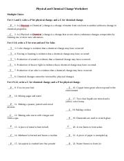 physical and chemical changes worksheet answers