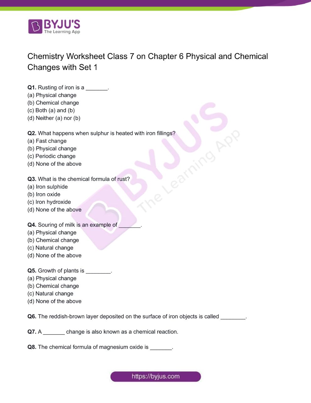 Class 7 Chemistry Worksheet on Chapter 6 Physical and Chemical ...