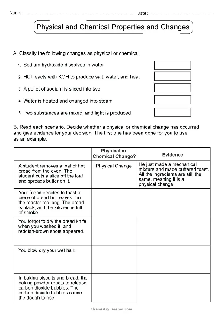 physical and chemical properties worksheet middle school