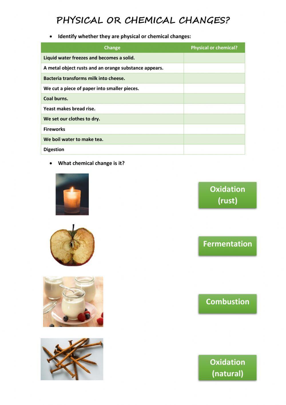 physical change chemical change worksheet