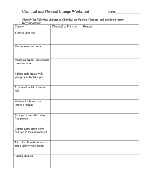 physical change chemical change worksheet